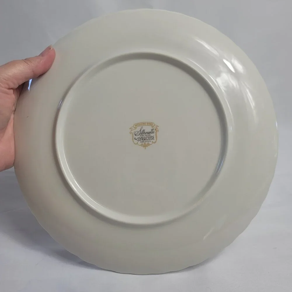 Syracuse China Wedding Ring Dinner Plate White with Platinum Trim Swirled Edge